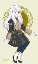 Rule 34 | 1girl, closed mouth, dated, fire emblem, fire emblem: three houses, flat chest, full body, garreg mach monastery uniform, long hair, long sleeves, lysithea von ordelia, miisa, nintendo, outstretched hand, pink eyes, signature, sitting, solo, uniform, white hair
