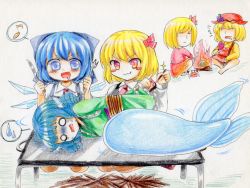 Rule 34 | &gt;:3, &gt;:d, 5girls, :3, :d, :|, = =, aki minoriko, aki shizuha, blonde hair, blue eyes, blue hair, blush, bound, cirno, closed mouth, crab, eating, fins, fire, food, fork, hair ornament, hair ribbon, hat, head fins, knife, leaf, leaf hair ornament, matches, mermaid, monster girl, multiple girls, musical note, namino., o o, open mouth, quaver, red eyes, ribbon, rope, rumia, saliva, scared, short hair, smile, spoken musical note, spoken sweatdrop, sweatdrop, sweet potato, tears, tied up (nonsexual), touhou, traditional media, v-shaped eyebrows, wakasagihime, wings, | |