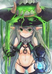 Rule 34 | 1girl, black thighhighs, breasts, elbow gloves, fire, fire, gloves, green eyes, green hair, hat, holding, lantern, long hair, looking at viewer, matching hair/eyes, medium breasts, navel, o-ring, o-ring bottom, original, pointy ears, sakura inu, sidelocks, smile, solo, thighhighs, underboob
