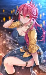Rule 34 | belt, blue dress, blurry, blurry background, breasts, brown gloves, cleavage, dress, eiyuu densetsu, emanon123, folded ponytail, frills, from above, gloves, highres, large breasts, looking at viewer, pink hair, ponytail, rock, sara valestein, sen no kiseki, sitting, sleeves rolled up, smile, solo, thigh belt, thigh strap, water, yellow eyes