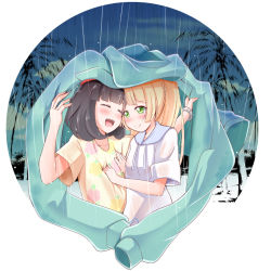Rule 34 | 2girls, ^ ^, beanie, black hair, blonde hair, blunt bangs, blush, closed eyes, creatures (company), eye contact, flat chest, flat chest grab, floral print, game freak, grabbing, hand on another&#039;s chest, happy, hat, holding, holding clothes, holding jacket, improvised umbrella, jacket, lillie (pokemon), looking at another, mitumi mira, multiple girls, nintendo, open mouth, pokemon, pokemon sm, ponytail, rain, red hat, school uniform, selene (pokemon), shirt, shirt over head, short hair, short sleeves, simple background, sky, smile, spoilers, tree, upper body, white background, yuri, z-ring