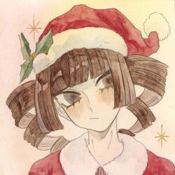Rule 34 | 1girl, :/, blunt bangs, blush, brown eyes, brown hair, christmas, closed mouth, drill hair, fur-trimmed headwear, fur trim, hat, head tilt, highres, holly, kz m i, looking at viewer, original, painting (medium), pom pom (clothes), portrait, red hat, santa costume, santa hat, simple background, solo, sparkle, traditional media, twin drills, watercolor (medium)