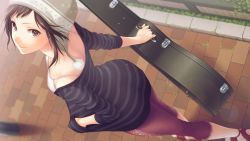 Rule 34 | 1girl, back, blouse, brown eyes, brown hair, camisole, chullo, downblouse, f-cla, from above, from behind, guitar case, hand in pocket, hat, highres, instrument case, leggings, light smile, looking at viewer, looking up, non-web source, original, sandals, shirt, sidewalk, sleeves pushed up, solo, striped clothes, striped shirt, wind