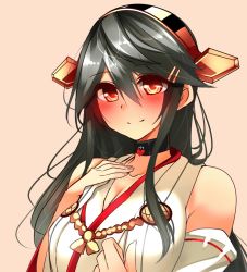 Rule 34 | 10s, 1girl, bad id, bad nicoseiga id, bare shoulders, black hair, blush, breasts, brown eyes, brown hair, choker, cleavage, clenched hand, collarbone, detached sleeves, female focus, hair ornament, hairband, hairclip, hand on own chest, haruna (kancolle), headgear, heart lock (kantai collection), kantai collection, large breasts, light smile, long hair, looking at viewer, nontraditional miko, open mouth, pink background, ribbon-trimmed sleeves, ribbon trim, simple background, smile, solo, tsukui kachou, upper body