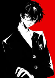 Rule 34 | 1boy, amamiya ren, blending, closed mouth, crossed arms, eyelashes, glasses, greyscale with colored background, jacket, long sleeves, looking at viewer, male focus, messy hair, persona, persona 5, short hair, smile, solo, turtleneck, two-tone background, zmore