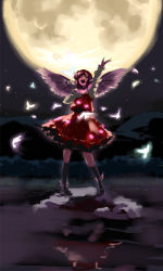 Rule 34 | 1girl, arm up, bird, dress, closed eyes, female focus, full moon, hand on own chest, hat, mitsumoto jouji, moon, music, mystia lorelei, night, open mouth, pink hair, short hair, singing, solo, standing, touhou, wings