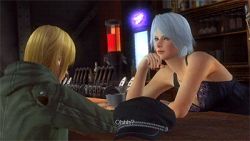 Rule 34 | 1girl, 3boys, 3d, animated, animated gif, blonde hair, blue eyes, breasts, christie (doa), cleavage, dead or alive, dead or alive 5, eliot (doa), english text, hat, indoors, large breasts, lowres, milk, multiple boys, subtitled, tecmo, upper body, white hair