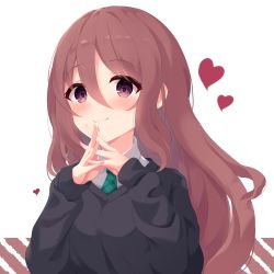 Rule 34 | 1girl, absurdres, black sweater, blush, brown hair, closed mouth, collared shirt, commentary request, diagonal stripes, green necktie, hair between eyes, hands up, heart, highres, interlocked fingers, long hair, long sleeves, looking at viewer, mizu (lzzrwi603), necktie, plaid necktie, plaid neckwear, princess connect!, puffy long sleeves, puffy sleeves, red eyes, shirt, shizuru (princess connect!), shizuru (real) (princess connect!), sleeves past wrists, smile, solo, split mouth, striped, sweater, white background, white shirt