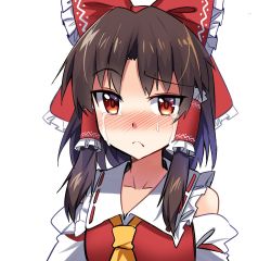 Rule 34 | 1girl, ascot, bare shoulders, blush, bow, brown hair, commentary, crying, crying with eyes open, detached sleeves, e.o., frilled bow, frilled shirt collar, frills, hair bow, hair tubes, hakurei reimu, looking at viewer, nose blush, red bow, red eyes, ribbon-trimmed collar, ribbon trim, short hair, sidelocks, simple background, solo, tears, touhou, upper body, white background, yellow ascot