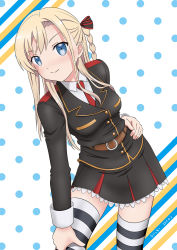 Rule 34 | 1girl, blonde hair, blouse, blue eyes, braid, breasts, commentary request, cowboy shot, dated, hand on own hip, high school fleet, highres, leaning forward, long hair, looking at viewer, medium breasts, military, military uniform, multicolored background, necktie, red necktie, shirt, single braid, solo, standing, striped clothes, striped thighhighs, thighhighs, uniform, white shirt, wicchii, wilhelmina braunschweig ingenohl friedeburg
