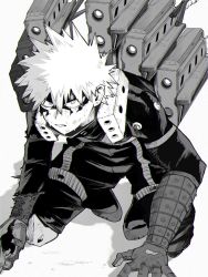 Rule 34 | 1boy, baggy pants, bakugou katsuki, black mask, black pants, boku no hero academia, chromatic aberration, eye mask, gloves, greyscale, gun, hair between eyes, hands on ground, high collar, highres, kneeling, leaning forward, looking at viewer, machine gun, male focus, monochrome, neck brace, official alternate costume, pants, parted lips, short hair, solo, spiked hair, spoilers, sweat, tears, torn clothes, torn gloves, torn mask, torn sleeve, uni ssansyo, weapon, wrist guards