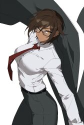 Rule 34 | 1girl, absurdres, artist request, bad id, bad link, belt, black jacket, black pants, breasts, brown eyes, brown hair, closed mouth, collared shirt, dark-skinned female, dark skin, earrings, formal, glasses, highres, jacket, jewelry, large breasts, limbus company, long sleeves, necktie, outis (project moon), pants, project moon, red necktie, semi-rimless eyewear, shirt, short hair, simple background, solo, white background, white shirt