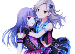 Rule 34 | 10s, 2girls, aikatsu!, aikatsu! (series), arm garter, armlet, asymmetrical clothes, asymmetrical gloves, bare arms, bare shoulders, black gloves, blank stare, blunt bangs, buckle, chain, chain necklace, closed mouth, cowboy shot, dancing diva, detached collar, dress, earrings, elbow gloves, expressionless, eyebrows, frilled dress, frills, glitter, gloves, hair ornament, hand on another&#039;s shoulder, hikami sumire, hug, idol, jewelry, juliet sleeves, kanzashi, kurosawa rin (aikatsu!), layered dress, layered skirt, light brown hair, long hair, long sleeves, miniskirt, mismatched gloves, multicolored clothes, multicolored dress, multiple girls, muted color, necklace, open mouth, parted lips, pendant, pleated skirt, puffy sleeves, purple hair, shiny clothes, short dress, sidelocks, simple background, single elbow glove, single sleeve, skirt, smile, soranagi, star (symbol), star earrings, star hair ornament, thick eyebrows, uneven gloves, vest, wavy hair, white background, yellow eyes