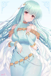 Rule 34 | 1girl, aqua dress, aqua hair, awayuki ramika, bare shoulders, bracelet, breasts, closed mouth, commission, dress, fire emblem, fire emblem: the blazing blade, highres, jewelry, large breasts, long hair, looking at viewer, ninian (fire emblem), nintendo, red eyes, skeb commission, smile, solo
