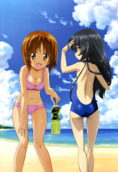 Rule 34 | 10s, 2girls, :d, absurdres, ass, beach, bikini, black hair, blue one-piece swimsuit, blush, bottle, breasts, brown eyes, brown hair, cleavage, cloud, cloudy sky, day, drink, girls und panzer, green tea, hand on thigh, highres, holding, leaning forward, legs, long hair, looking at viewer, looking back, medium breasts, multiple girls, nishizumi miho, non-web source, nyantype, ocean, official art, one-piece swimsuit, open mouth, outdoors, pink bikini, reizei mako, scan, short hair, sky, smile, standing, sugimoto isao, swimsuit, tea, very long hair, water, wet