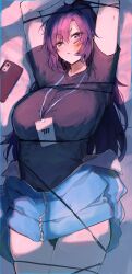 Rule 34 | 1girl, absurdres, arms up, bare legs, black shirt, blue archive, blue buruma, blue jacket, blush, bound, bound arms, bound legs, bound torso, breasts, buruma, cellphone, facepaint, highres, inusaka, jacket, lanyard, large breasts, looking at viewer, lying, official alternate costume, on back, partially unzipped, phone, purple hair, rope around waist, shirt, short sleeves, solo, star (symbol), sweat, thighs, yuuka (blue archive), yuuka (track) (blue archive)
