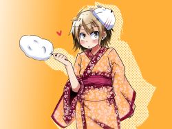 Rule 34 | baka to test to shoukanjuu, blush, brown eyes, brown hair, cotton candy, heart, hua (hua113), japanese clothes, kimono, male focus, mask, solo, trap, yoshii akihisa