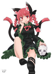 Rule 34 | 1girl, :d, animal ear fluff, animal ears, black bow, black dress, black footwear, black ribbon, bow, braid, cat ears, cat tail, chups, dated, dress, fang, frilled dress, frilled sleeves, frills, full body, hair bow, hand on own face, highres, holding, holding skull, kaenbyou rin, leg ribbon, long sleeves, looking at viewer, medium hair, multiple tails, nekomata, open mouth, red eyes, red hair, red neckwear, ribbon, side braids, signature, sitting, skull, smile, solo, tail, touhou, twin braids, two tails, wide sleeves