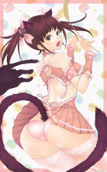 Rule 34 | 1girl, animal ears, arm warmers, ass, bad id, bad pixiv id, bare shoulders, black eyes, breasts, cat, cat ears, cat tail, cat teaser, catnip, clothes lift, hazakura sairento, highres, leaning forward, long hair, looking at viewer, open mouth, original, panties, pink panties, pink thighhighs, red hair, sideboob, skirt, skirt lift, solo, tail, thighhighs, twintails, underwear, upskirt