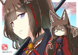 Rule 34 | 1girl, ^ ^, amagi (azur lane), animal ear fluff, animal ears, azur lane, blunt bangs, bridal gauntlets, brown hair, closed eyes, commentary request, eyeshadow, fox ears, fox girl, fox tail, hair ornament, japanese clothes, kitsune, kyuubi, long hair, looking at viewer, makeup, multiple tails, own hands together, purple eyes, red eyeshadow, short sleeves, sidelocks, signature, smile, solo, stick, tail, taisa (kari), thick eyebrows, twitter username, v arms, wide sleeves