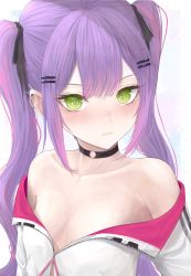 Rule 34 | 1girl, black choker, breasts, choker, cleavage, cropped jacket, frown, green eyes, hair behind ear, highres, hololive, jacket, long hair, looking at viewer, o-ring, o-ring choker, off shoulder, purple hair, seeledayo, small breasts, solo, tokoyami towa, twintails, upper body, very long hair, virtual youtuber, white jacket