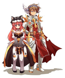 Rule 34 | 1boy, 1girl, arch bishop (ragnarok online), armor, armored boots, black dress, black footwear, blue eyes, blush, boots, breastplate, breasts, brown hair, closed mouth, commentary request, contrapposto, cross, dress, emon-yu, full body, gauntlets, hair between eyes, head wings, juliet sleeves, leg armor, long hair, long sleeves, looking at viewer, medium breasts, pink hair, puffy sleeves, ragnarok online, red hair, rune knight (ragnarok online), short hair, simple background, smile, spiked pauldrons, standing, thighhighs, two-tone dress, white background, white dress, white thighhighs, white wings, wings, wolf hat