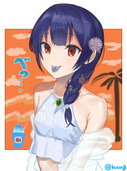 Rule 34 | 1girl, absurdres, bikini, blue bikini, blue hair, blue tongue, blush, braid, breasts, cloud, collarbone, colored tongue, cup, drinking straw, flower, food, hair flower, hair ornament, highres, huug, idolmaster, idolmaster shiny colors, jewel, long hair, long sleeves, looking at viewer, medium breasts, morino rinze, off shoulder, open clothes, open shirt, palm tree, red eyes, shaved ice, shirt, sky, smile, standing, sunset, swimsuit, tongue, tongue out, tree, upper body, white shirt
