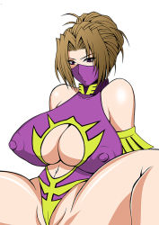 Rule 34 | 1girl, bare shoulders, breasts, brown hair, covered erect nipples, female focus, highleg, huge breasts, leotard, masa ani, mask, navel, partially visible vulva, purple eyes, short hair, sideboob, simple background, solo, spread legs, thighs, white background