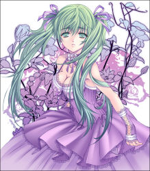 Rule 34 | 1girl, breasts, cleavage, dress, flower, gloves, green eyes, green hair, hair ribbon, hatsune miku, long hair, matching hair/eyes, medium breasts, ribbon, solo, twintails, vocaloid