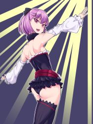 Rule 34 | 1girl, :d, armpits, ass, back, bare shoulders, black thighhighs, dashigarayama, detached sleeves, fate/grand order, fate (series), helena blavatsky (fate), highres, looking at viewer, open mouth, purple eyes, purple hair, short hair, smile, solo, teeth, thighhighs
