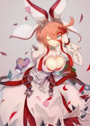 Rule 34 | 1girl, animal ears, arms behind back, belt buckle, blue eyes, box, breasts, bridal veil, buckle, chocolate, cleavage, clover, commentary, dress, earrings, elphelt valentine, english commentary, english text, fake animal ears, flower, four-leaf clover, gift, gloves, grey background, guilty gear, guilty gear xrd, gun, hairband, highres, holding, holding gift, jewelry, large breasts, leaning forward, one eye closed, online neet, open mouth, petals, pink hair, rabbit ears, rose, short hair, simple background, solo, spiked hairband, spikes, tongue, tongue out, valentine, veil, weapon, white dress, white gloves, white headwear