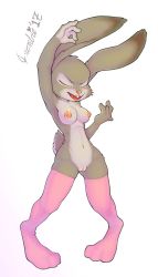Rule 34 | 1girl, absurdres, air guitar, animal ears, animal hands, arm up, armpits, artist name, blush, breasts, clitoris, closed eyes, collarbone, crombie, dated, feet, full body, furry, furry female, hand up, heart, highres, judy hopps, legs apart, medium breasts, navel, nude, open mouth, pink thighhighs, pussy, rabbit ears, rabbit tail, signature, simple background, skindentation, smile, solo, standing, tail, teeth, text focus, thighhighs, tongue, uncensored, white background, zootopia