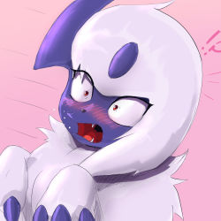 Rule 34 | !?, absol, animal focus, blush, claws, constricted pupils, creatures (company), embarrassed, eryz, fangs, game freak, gen 3 pokemon, highres, motion lines, nintendo, no humans, nose blush, open mouth, pink background, pokemon, pokemon (creature), red eyes, simple background, surprised, upper body, white hair