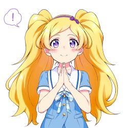 Rule 34 | !, 1girl, blonde hair, blue shirt, blush, emily stewart, hairband, highres, idolmaster, idolmaster million live!, idolmaster million live! theater days, kyoutsuugengo, long hair, own hands together, purple eyes, shirt, short sleeves, simple background, smile, solo, spoken exclamation mark, summer uniform series (idolmaster), twintails, upper body, very long hair, white background