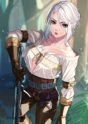 Rule 34 | 1girl, absurdres, breasts, brown pants, ciri, cleavage, elbow gloves, gloves, green eyes, highres, jewelry, kagematsuri, leather, leather gloves, leather pants, lips, long sword, looking at viewer, medium breasts, necklace, pants, scar, scar across eye, scar on face, shirt, solo, sword, the witcher (series), weapon, white hair, white shirt, witcher medallion
