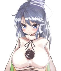 Rule 34 | 1girl, blue eyes, blush, breast hold, breasts, hat, highres, japanese clothes, kariginu, large breasts, long hair, looking at viewer, mononobe no futo, pout, raised eyebrow, silver hair, solo, takimoto yukari, tate eboshi, touhou, upper body, white background