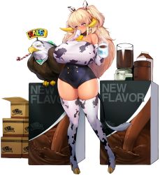 Rule 34 | 1girl, animal ears, animal print, bird, blender (object), blonde hair, blush, boots, breasts, chocolate milk, cleavage, covered erect nipples, cow ears, cow girl, cow print, cow tail, cup, dark elf, dark elven forest ranger, eagle, elbow gloves, elf, english text, full body, game cg, gloves, gyaru, hair between eyes, highres, horns, huge breasts, kogal, last origin, long hair, looking at viewer, mug, mug writing, navel, official art, one-piece swimsuit, pointy ears, purple eyes, snowball22, solo, swimsuit, tachi-e, tail, thick thighs, thigh boots, thighhighs, thighs, transparent background, two side up, white thighhighs, wide hips