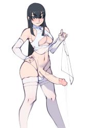 Rule 34 | 1futa, bare shoulders, black hair, breasts, bridal gauntlets, closed mouth, eyes visible through hair, freddyhalloween, futanari, hand on own hip, highres, kill la kill, kiryuuin satsuki, large breasts, large penis, long hair, looking at viewer, navel, penis, see-through, simple background, sketch, smile, solo, testicles, thighhighs, turtleneck, uncensored, veins, veiny penis, white background, white thighhighs