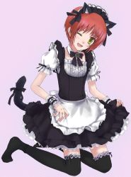 Rule 34 | 1boy, alternate costume, animal ears, asdf17, bad id, bad pixiv id, black dress, bow, cat boy, cat ears, crossdressing, dress, enmaided, maid, male focus, mao (tales), one eye closed, purple background, red hair, smile, solo, tales of (series), tales of rebirth, thighhighs, trap, wink, yellow eyes