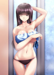 Rule 34 | 1girl, arm behind head, arm up, black panties, blunt bangs, breasts, brown eyes, brown hair, closed mouth, commentary, covering privates, covering breasts, girls und panzer, highres, indoors, large breasts, long hair, mature female, miraino tsubasa, nishizumi shiho, panties, skindentation, smile, solo, standing, standing on one leg, straight hair, thigh gap, thighs, topless, towel around breasts, underwear