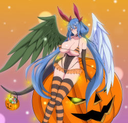 Rule 34 | 1girl, absurdres, angel wings, asymmetrical wings, bare shoulders, blush, breasts, candy, choker, cleavage, collarbone, covered erect nipples, covered navel, detached sleeves, dizzy (guilty gear), feet out of frame, food, fuuma (bangolga1), glowing, glowing eyes, guilty gear, hair between eyes, hair rings, halloween, halloween costume, highleg, highleg leotard, highres, large breasts, leotard, long hair, looking at viewer, mature female, monster girl, multicolored clothes, pumpkin, red eyes, red ribbon, ribbon, seductive smile, skindentation, smile, sparkle, tail, thick thighs, thighhighs, thighs, twintails, wings