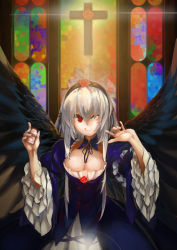 Rule 34 | 1girl, :q, ;q, breasts, cleavage, cross, detached collar, dress, flower, frills, gothic lolita, hairband, indoors, lens flare, lolita fashion, lolita hairband, long hair, looking at viewer, one eye closed, orokanahime, red eyes, rose, rozen maiden, silver hair, smile, solo, stained glass, suigintou, tongue, tongue out, wings, wink, yakult