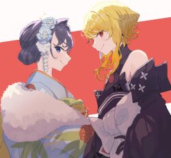 Rule 34 | 2girls, absurdres, black gloves, black kimono, blonde hair, blue eyes, blue hair, blue kimono, bow, closed mouth, commentary, cowboy shot, detached sleeves, english commentary, flower, fur scarf, futomoy, gloves, hair bun, hair flower, hair intakes, hair ornament, hand on own hip, highres, hololive, hololive english, hololive indonesia, japanese clothes, kaela kovalskia, kaela kovalskia (new year), kimono, large bow, looking at viewer, medium hair, mixed-language commentary, multiple girls, obi, obiage, obijime, official alternate costume, ouro kronii, ouro kronii (new year), profile, red background, red eyes, red gloves, sash, short hair, sidelocks, simple background, smile, smug, two-tone gloves, virtual youtuber, white bow