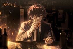Rule 34 | 1boy, bandage over one eye, bandaged hand, bandages, black eyes, black jacket, black necktie, black suit, bottle, brown hair, bungou stray dogs, cup, dazai osamu (bungou stray dogs), drinking, formal, highres, holding, holding cup, indoors, jacket, kleinlight, looking at viewer, male focus, necktie, one eye covered, shirt, short hair, solo, suit, twitter username, upper body, white shirt