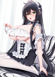 Rule 34 | 1girl, azur lane, black dress, black footwear, black hair, blush, breasts, commentary request, crossed bangs, dress, from side, green eyes, high heels, indomitable (azur lane), indomitable (ms. motivationless maid) (azur lane), large breasts, long hair, looking at viewer, looking to the side, maid headdress, marota, open mouth, pantyhose, solo, underboob, white headwear, white pantyhose