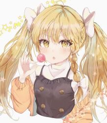 Rule 34 | 1girl, ahoge, alternate hairstyle, black vest, blonde hair, blush, bow, braid, breasts, candy, commentary request, cropped torso, food, hair bow, highres, holding, holding candy, holding food, holding lollipop, jacket, kirisame marisa, lollipop, long hair, looking at viewer, maruro, no headwear, no headwear, open mouth, orange jacket, removing jacket, simple background, single braid, small breasts, solo, star (symbol), sweater, touhou, turtleneck, twintails, upper body, v-shaped eyebrows, vest, white background, white bow, white sweater, yellow eyes