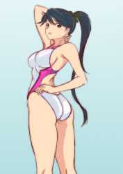 Rule 34 | 1girl, alternate breast size, alternate costume, arm behind head, ass, bare shoulders, blue background, blue hair, breasts, competition swimsuit, cowboy shot, from side, green ribbon, hair ribbon, houshou (kancolle), kantai collection, long hair, looking at viewer, medium breasts, moke ro, one-piece swimsuit, ponytail, ribbon, sideboob, simple background, smile, solo, swimsuit, thighs