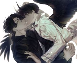 Rule 34 | 2boys, black coat, black hair, black shirt, black wings, blurry, blurry background, coat, eye contact, feathered wings, from side, glowing, glowing eyes, hands on another&#039;s shoulders, highres, horns, kim dokja, korean commentary, light particles, long sleeves, looking at another, mgmg 1012, multiple boys, omniscient reader&#039;s viewpoint, parted bangs, parted lips, shirt, short hair, sideways mouth, simple background, smile, thick eyebrows, white background, white coat, white eyes, wings, yaoi, yellow eyes, yoo joonghyuk