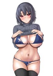 Rule 34 | 1girl, absurdres, black hair, black thighhighs, blue bra, blue panties, blush, bra, breasts, grey shirt, highres, kantai collection, large breasts, long sleeves, looking at viewer, panties, red eyes, ribbed shirt, shirt, short hair, simple background, solo, star (symbol), star print, takao (kancolle), tf cafe, thighhighs, underwear, upper body, white background