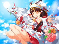 Rule 34 | 1girl, animal, animal ear fluff, animal ears, azur lane, black hair, blue sky, bouquet, breasts, closed mouth, cloud, day, detached sleeves, flower, fox, fox ears, hair ornament, highres, hood, hood up, japanese clothes, kimono, long hair, long sleeves, looking at viewer, nagato (azur lane), nagato (great fox&#039;s white gown) (azur lane), orange eyes, outdoors, petals, pink flower, sky, small breasts, smile, sugihara (sugihara2000), sun, uchikake, wide sleeves, x hair ornament, yellow flower